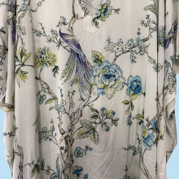 Wrap Up by VP / Bird Floral Long Caftan White/Blue/Lilac Size L/XL - Picture 5 of 7